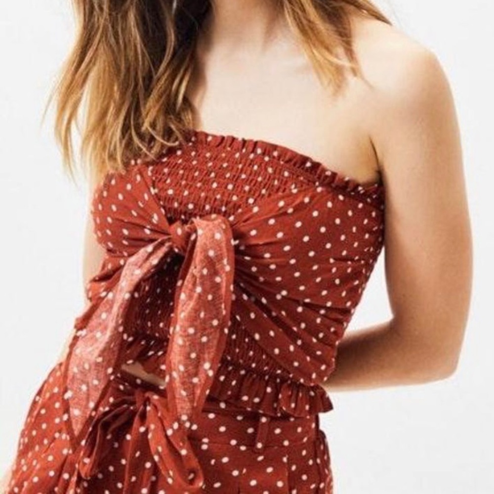 Pacsun rust orange and white polka dot smocked tube crop top